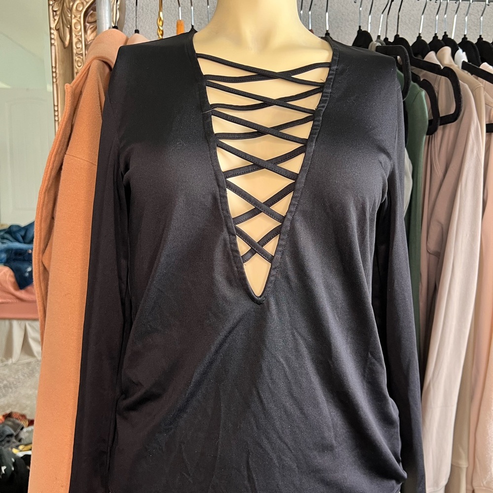 H&M Black Long-Sleeve Lace-Up V-Neck Top